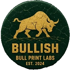 BULLISH EST. 2024 pinback — cracked green with gold bull