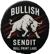 BULLISH SENDIT pinback — black with red claw stripes
